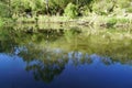 River reflection of trees and sky.